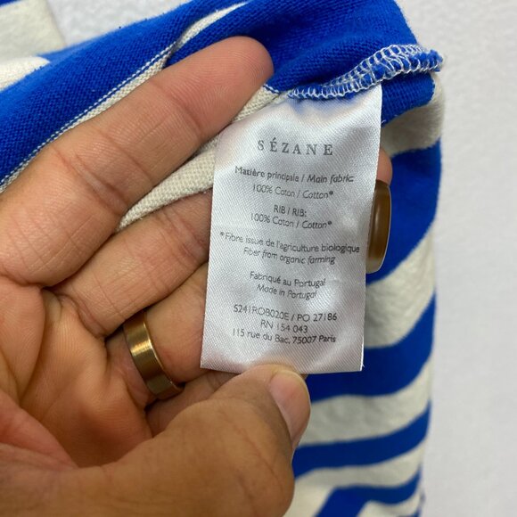 SEZANE Dress Womens XL Blue Cream EMY Stripes Button Shoulder Maxi - Picture 10 of 15